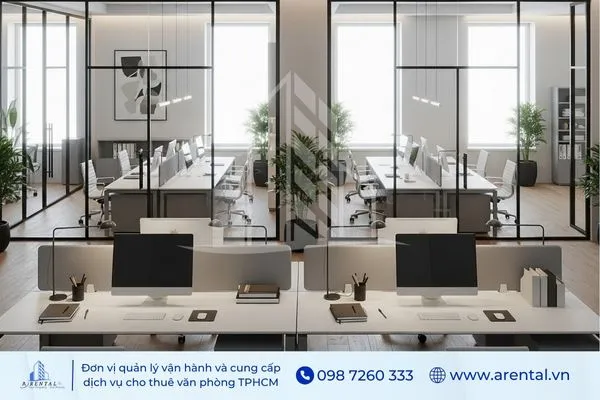 Thiết kế văn phòng phong cách minimalism với bàn làm việc gọn gàng, vách kính hiện đại và cây xanh trang trí.