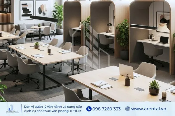 Thiết kế văn phòng tối giản hiện đại với bàn gỗ lớn, ghế xoay công thái học và các booth làm việc riêng biệt.