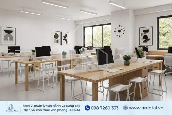 AThiết kế văn phòng tối giản, sử dụng bàn gỗ sáng màu, ghế trắng hiện đại và cửa sổ lớn đón ánh sáng.