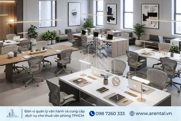 Thiết kế văn phòng tối giản trang nhã, bàn làm việc gỗ dài, ghế xoay xám và đèn chiếu sáng tinh tế.