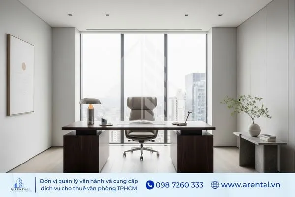 Văn phòng giám đốc tối giản với bàn dài, ghế bành sang trọng và thiết kế không gian thoáng sáng.