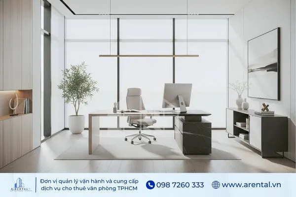 Văn phòng làm việc theo phong cách tối giản kết hợp kệ tủ đa năng.