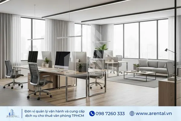 Thiết kế văn phòng phong cách minimalism với bàn gỗ, ghế xoay hiện đại, sofa xám và cửa sổ kính lớn đón sáng.