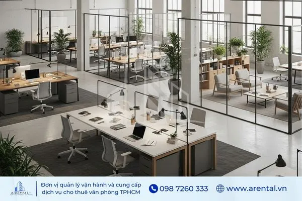 Văn phòng tối giản với thiết kế không gian mở.