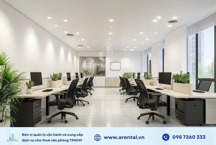 Không gian rộng rãi và hiện đại của văn phòng trọn gói Tân Bình 100m2.