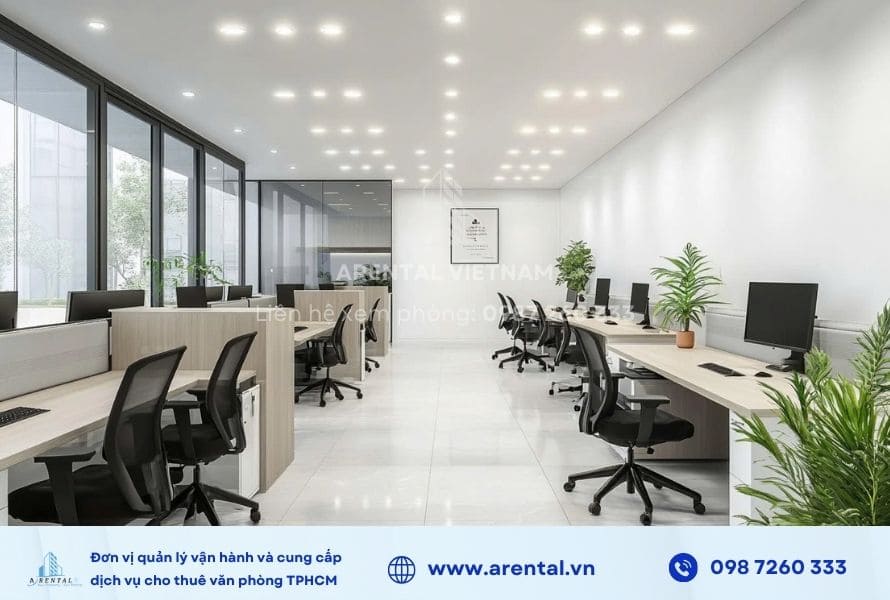Văn phòng cho thuê full nội thất Tân Bình 100m2 được bố trí thêm cây xanh cho không gian thêm tươi  mát.