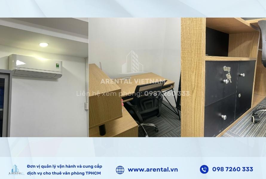 Văn phòng trọn gói 12m2 quận 2 được trang bị đầy đủ bàn, ghế, tủ hồ sơ.