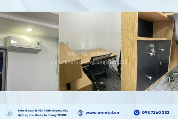 Văn phòng trọn gói 12m2 quận 2 được trang bị đầy đủ bàn, ghế, tủ hồ sơ.