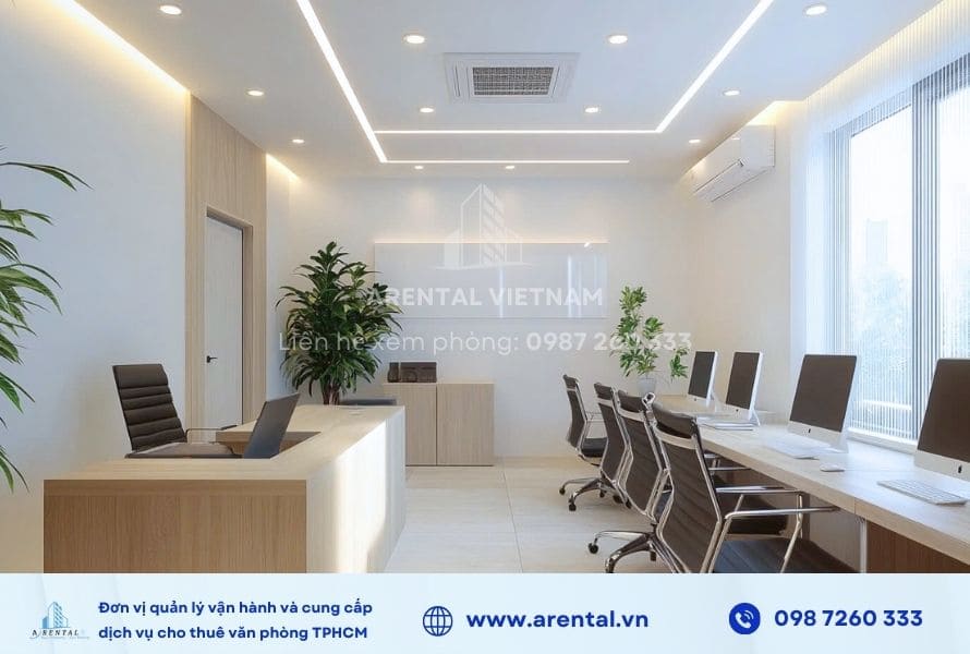 Văn phòng trọn gói 15m2 được thiết kế có cửa sổ giúp không gian sáng sủa hơn.
