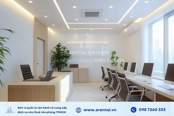 Văn phòng trọn gói 15m2 được thiết kế có cửa sổ giúp không gian sáng sủa hơn.