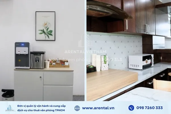 Quầy pantry miễn phí và khu vực bếp phục vụ khách hàng thuê văn phòng trọn gói 30m2 Quận 7. Quầy pantry miễn phí cho khách hàng thuê trọn gói sử dụng.
