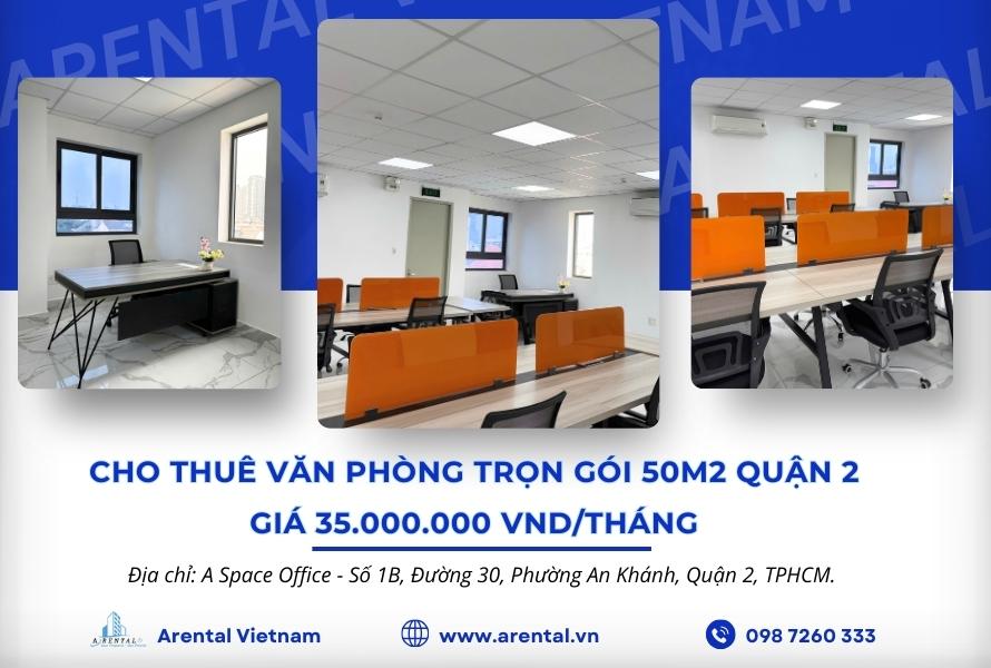 Cho thuê văn phòng trọn gói 50m2 tại quận 2 hướng Đông Bắc giá chỉ 35.000.000 VND/tháng.