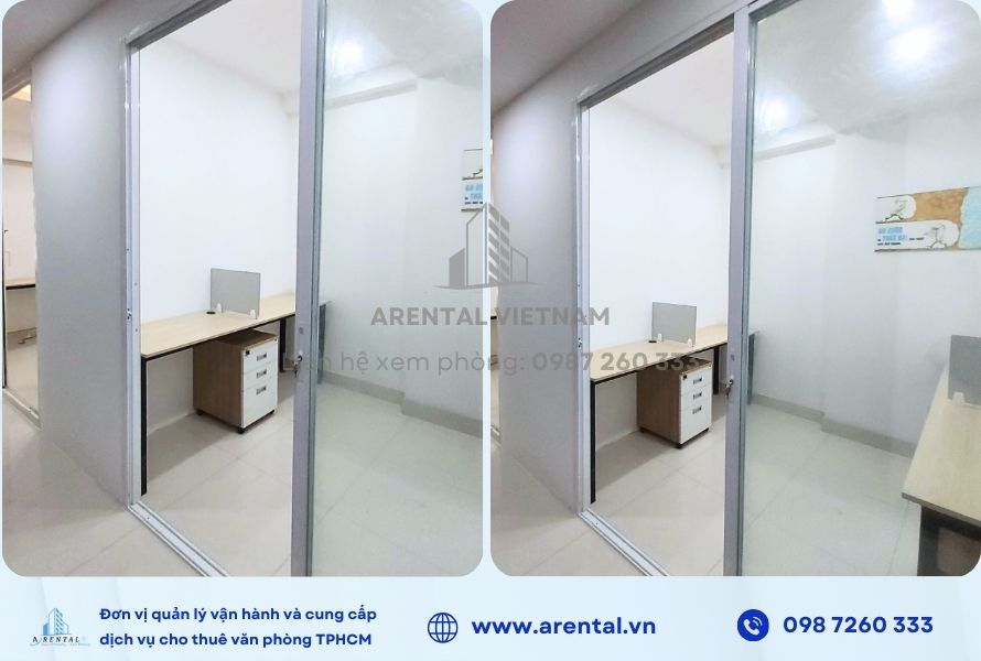 Văn phòng trọn gói 8m2 giá rẻ tại quận 7 được thiết kế trần cao và sàn lát gạch sáng sủa.