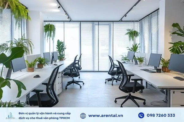 Không gian văn phòng trọn gói 25m2 Quận 1 được kết hợp hài hòa giữa ánh sáng và mảng xanh 