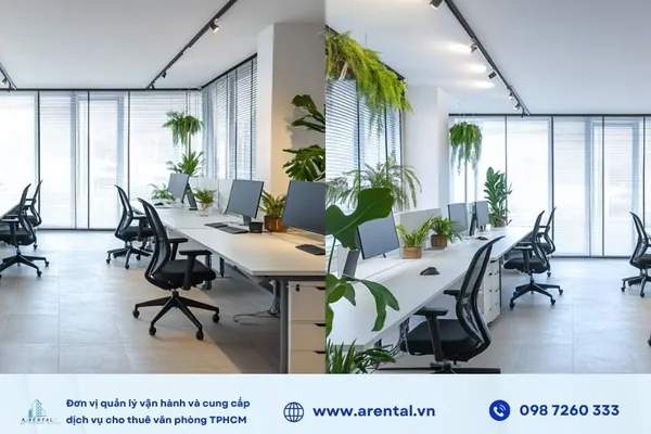 Khu vực làm việc của nhân viên được bố trí rộng rãi tại văn phòng trọn gói 25m2 Quận 1 