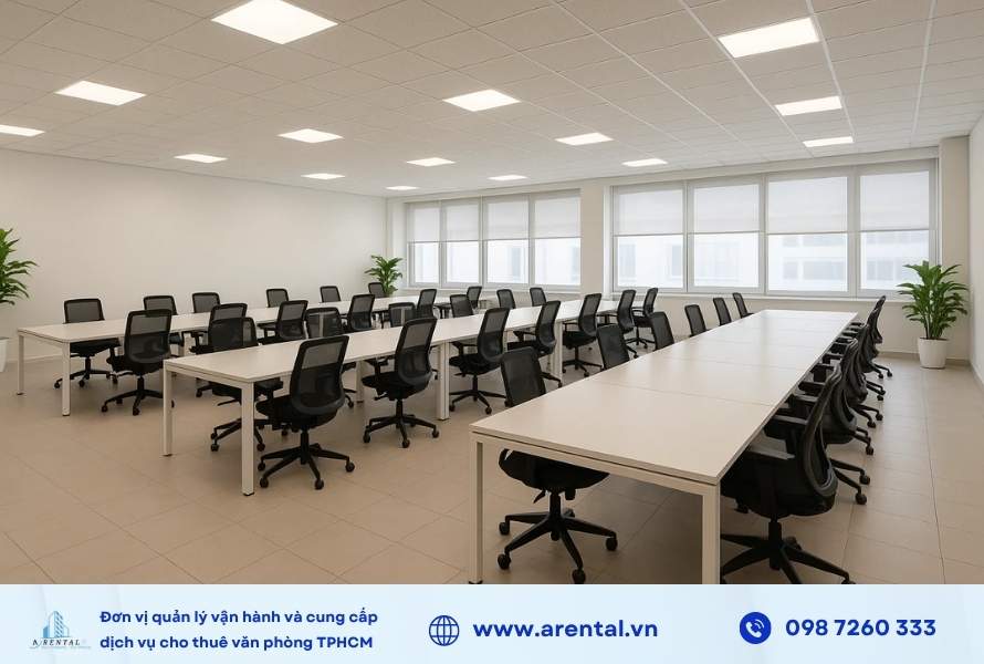 Bố trí khu vực làm việc trong không gian trọn gói 100m2 tại Quận 1