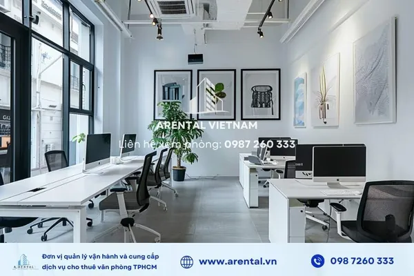 Tổng thể không gian văn phòng trọn gói full nội thất diện tích 150m2 Quận 1 