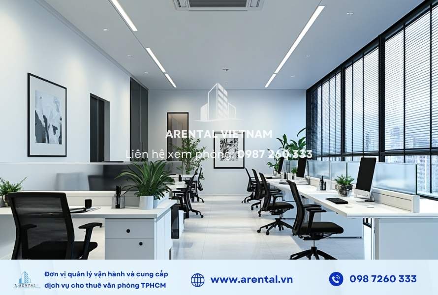 Góc nhìn tổng thể về không văn phòng trọn gói full nội thất 155m2 chi nhánh Quận 1