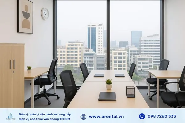 Cụm bàn làm việc được chia thành 3 khu vực trong không gian văn phòng trọn gói 20m2 Quận 1 