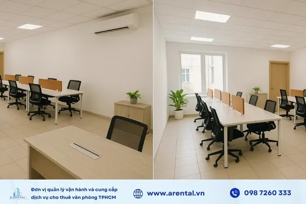 Khu vực làm việc của nhân viên và sếp trong không gian trọn gói 45m2 tại Quận 1