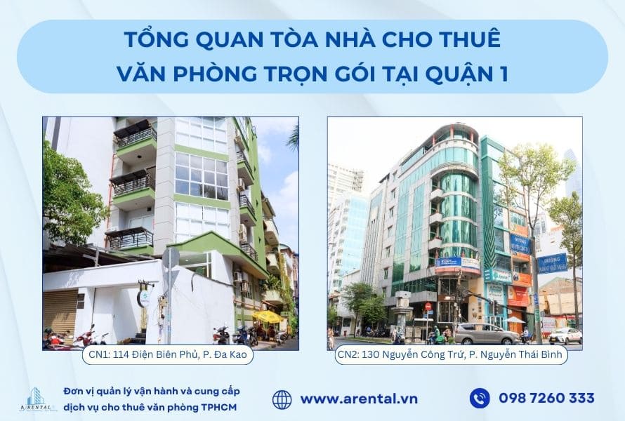 Tổng quan 2 tòa nhà cho thuê văn phòng trọn gói ở Quận 1 - Arental Vietnam.