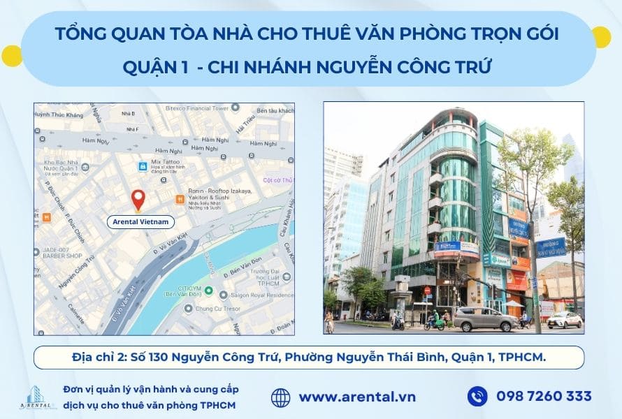 Tổng quan tòa nhà cho thuê văn phòng trọn gói Quận 1 TPHCM ở đường Nguyễn Công Trứ.