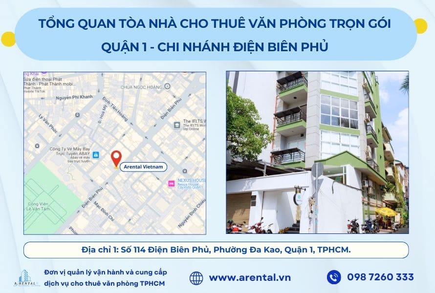 Tổng quan tòa nhà cho thuê văn phòng trọn gói Quận 1 TPHCM ở đường Điện Biên Phủ.