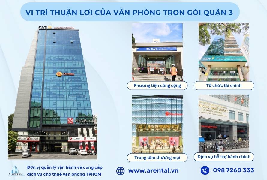 Vị trí thuận tiện, nhiều tiện ích xung quanh của văn phòng trọn gói quận 3.