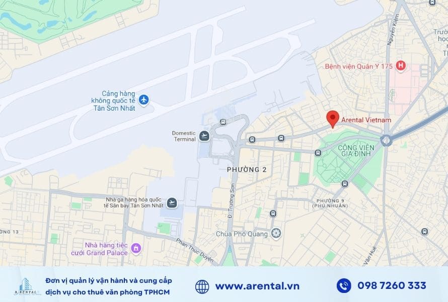 Tòa nhà cho thuê văn phòng trọn gói của Arental Vietnam nằm gần Cảng hàng không Quốc tế Tân Sơn Nhất.