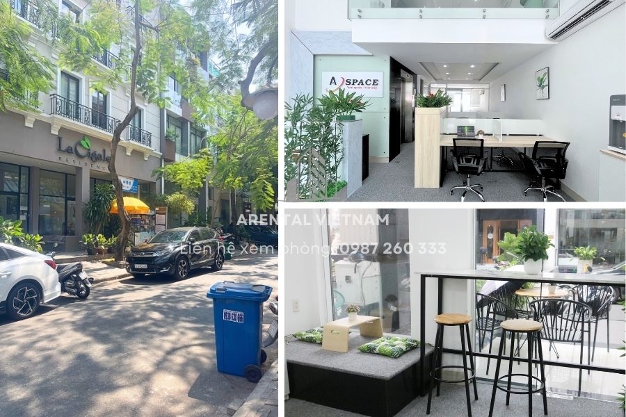 Khu vực đón tiếp khách hàng tại tầng trệt và bên ngoài của tòa nhà A Space Office Building quận 7.