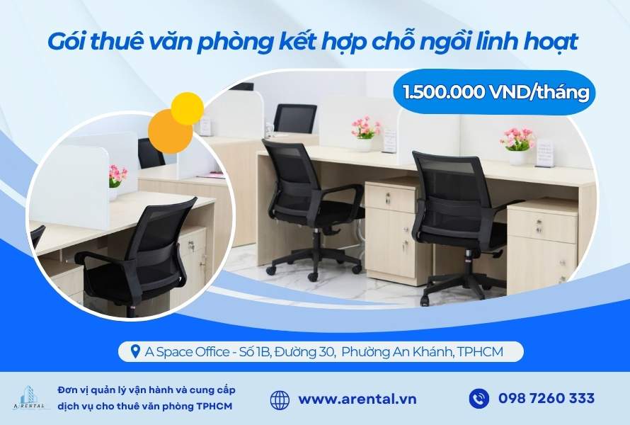Gói thuê văn phòng kết hợp giữa địa chỉ và chỗ ngồi linh hoạt chỉ với 1.500.000 VND/tháng.